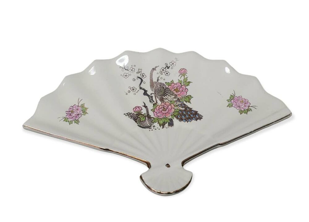 Vintage Kutani Peacock Floral Design with Gold Trim Around the Fan Trinket Tray